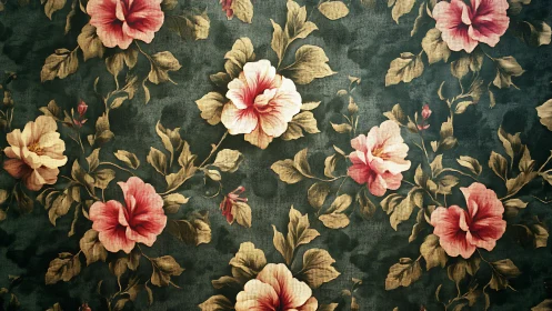 Vintage hibiscus floral repeat with textured teal fabric ground