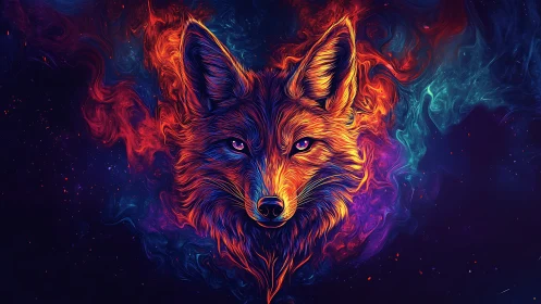 Neon vulpine portrait with swirling cosmic fire gradients.