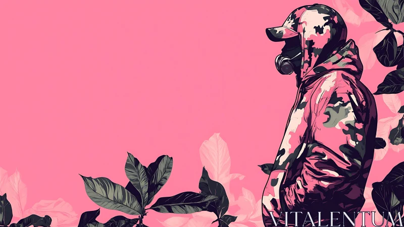 Hooded camo figure with respirator against pink ground.
