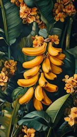 Tropical banana cluster framed by lush teal foliage.