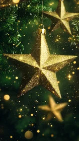 Golden star ornament hangs in front of blurred tree lights