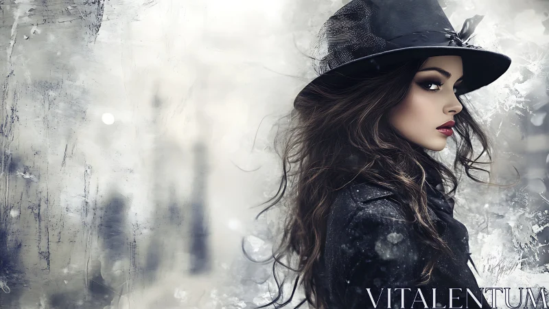 Mystery in the winter streets with a stylish midnight gaze.