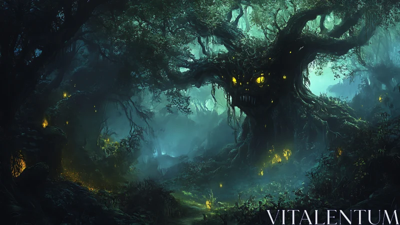 Night-root colossus broods over a lantern-lit haunted wood.