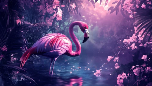 Pink flamingo glows in a dreamlike, neon jungle lagoon twilight