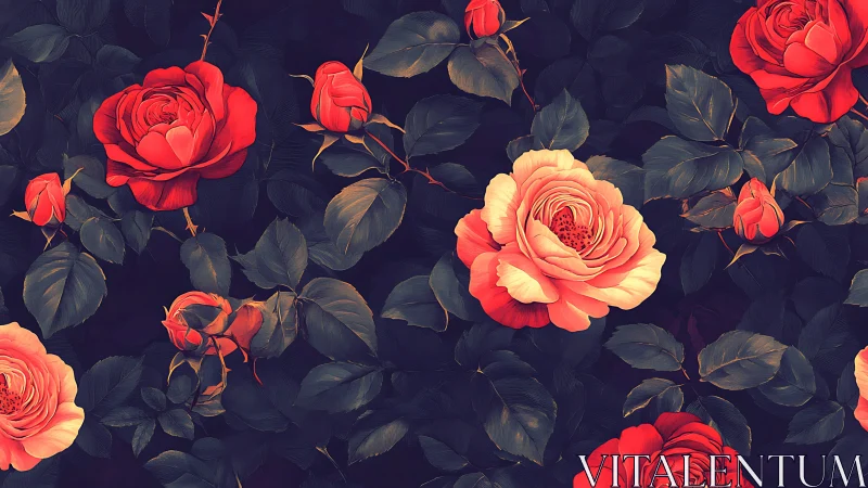 Deep Saturated Floral Composition with Layered Red Roses Against Dark Backdrop.