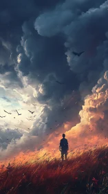 Solitary figure studies stormlit sky over burning meadow