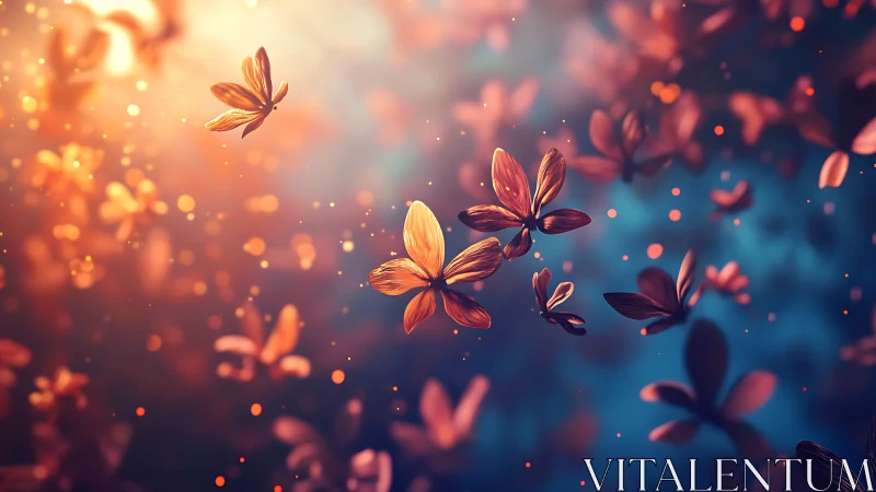 Glowing copper butterflies swirl through dreamy bokeh light.