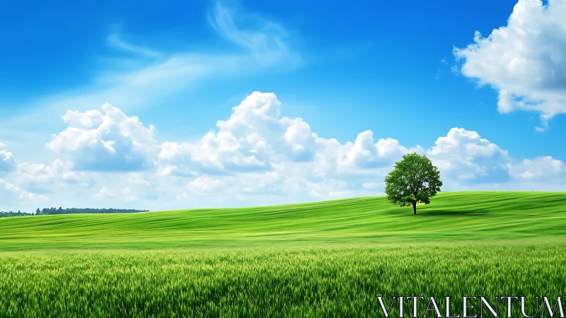 Single green tree stands on rolling grassy hill under sky