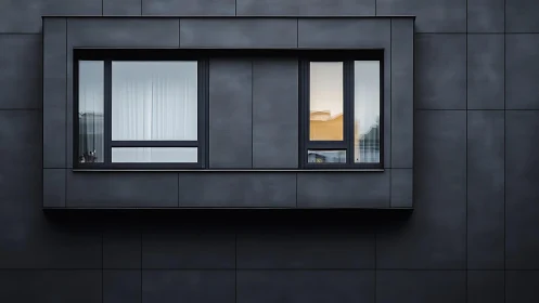 Modern dark facade with recessed rectangular window unit.