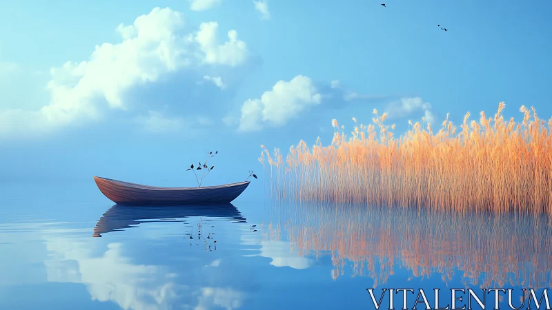 Lone wooden skiff in hyperreal mirrored lake environment.