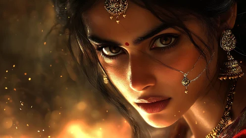 Fiery gaze of adorned woman emerges from ember-lit shadows.