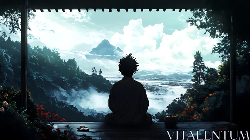 Lone meditator greeting misty valleys and wide painted sky.