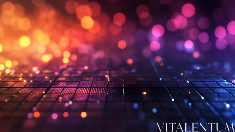 Futuristic Digital Grid with Colorful Bokeh Lights, Abstract Style.
