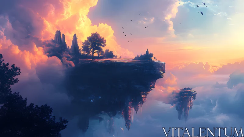 Floating Sky Islands at Sunset with Golden Light.