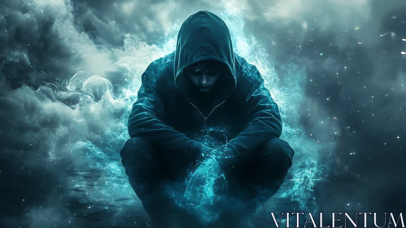 Hooded figure commands electric blue storm energy