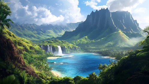 Mountainous tropical valley with waterfall and turquoise lagoon