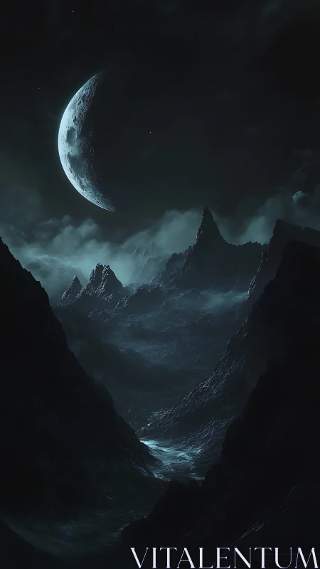 Moonlit alien ravine under silent turquoise night skies.