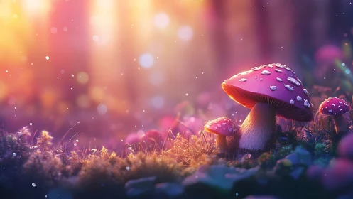 Bioluminescent pink mushrooms in shallow depth forest bokeh