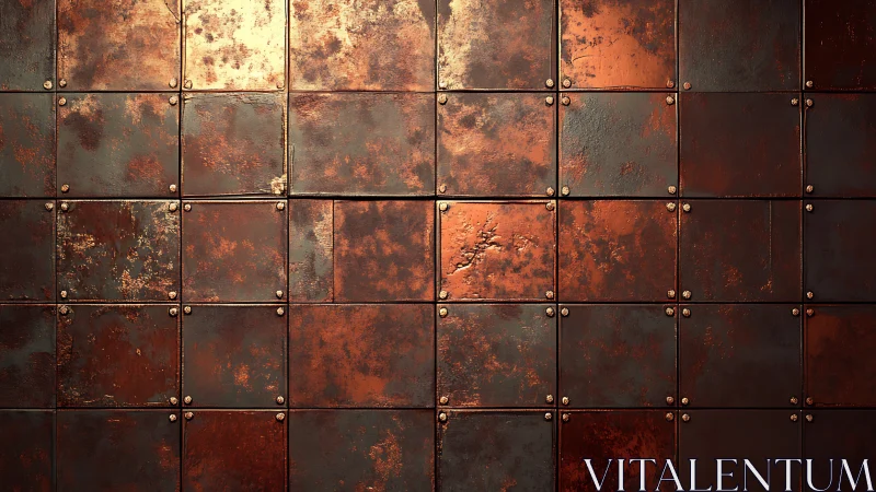 Oxidized metal tile grid with riveted industrial surface.
