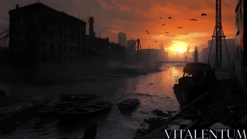 Industrial canal at apocalyptic sunset with derelict boats.