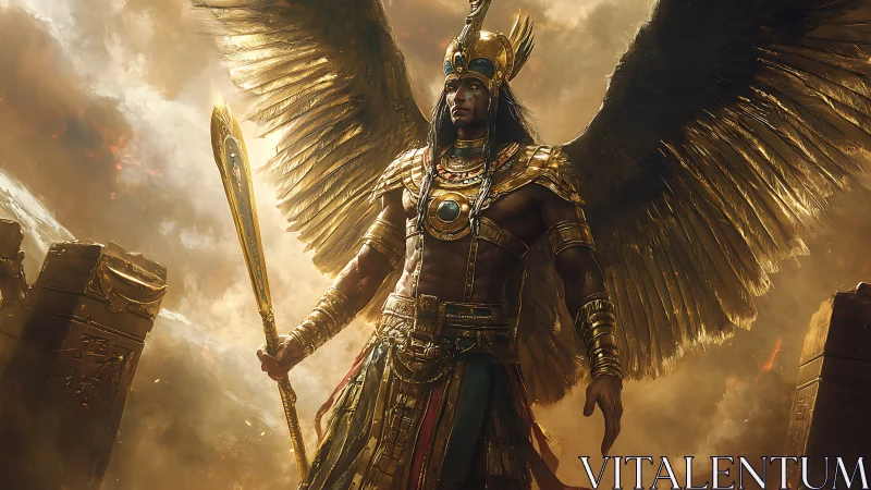 Winged figure in ornate Egyptian armor holding golden staff.