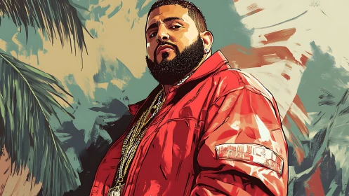 Digital portrait of man in red jacket with palm backdrop.