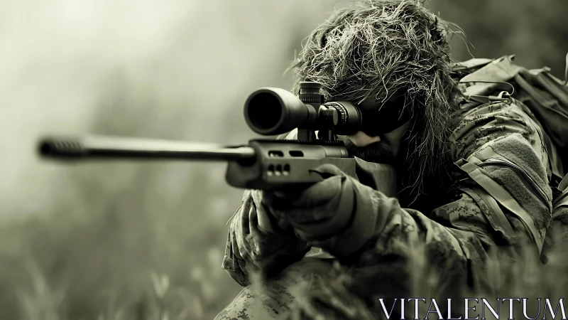 Camouflaged sniper prone with precision rifle in soft bokeh field