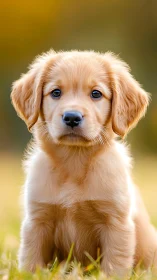 Golden retriever puppy portrait in soft sunset field.
