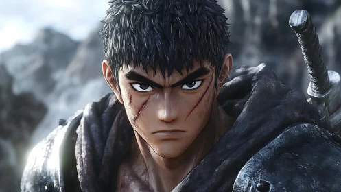 Scarred anime warrior stares ahead in cold, stormy light