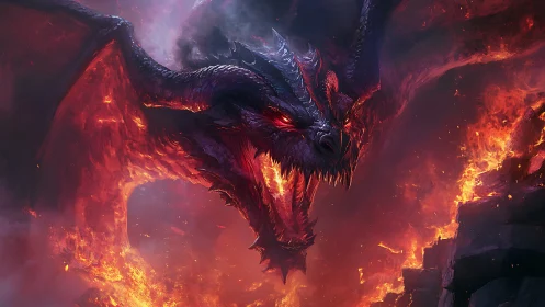 Infernal dragon emerges roaring amid cascading volcanic fire