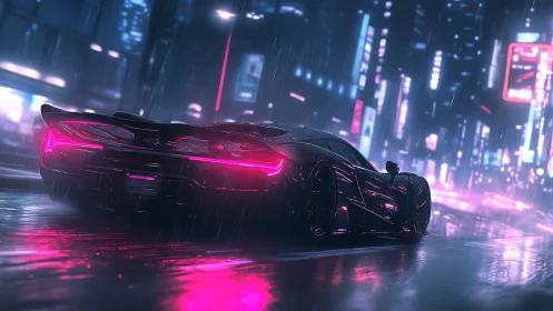 Futuristic sports car on wet neon city street at night.