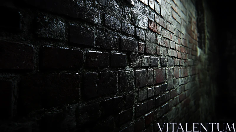 Wet brick alley wall catches low raking light dramatically