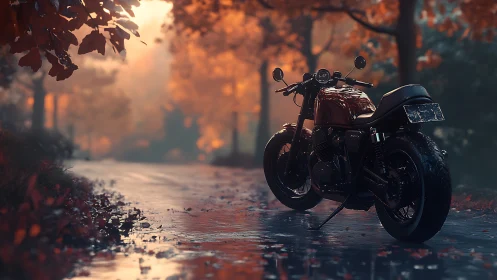 Photorealistic caf&eacute; racer on wet autumn forest roadway.