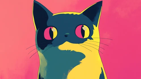 Neon-eyed cartoon cat gazes into candy pink daydreams.