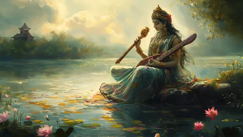 Divine musician on lotus lake in glowing dusk light.