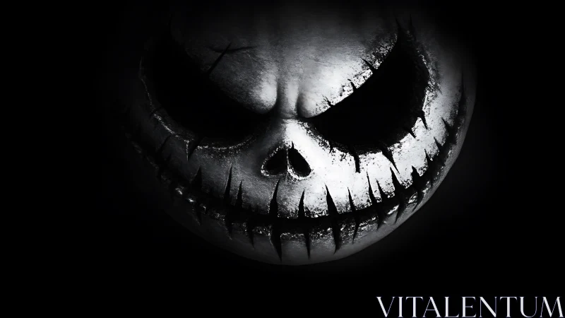 Grinning monochrome skull pumpkin with carved stitched smile