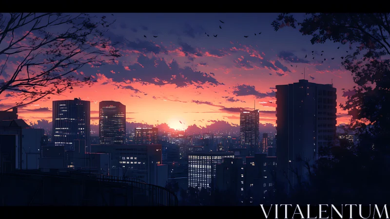 Sunset city skyline glows gently against a tranquil evening sky