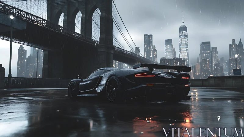 Sports car is parked under bridge near city skyline at night