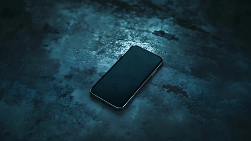 Smartphone on dark textured surface under blue light.