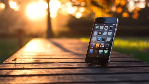 Smartphone rests on wooden deck as sunset paints the sky golden.