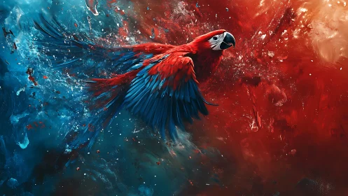 Crimson macaw erupts between oceans of fire and ice.