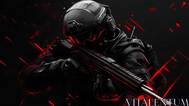 Cybernetic assault operative in neon red tactical focus.