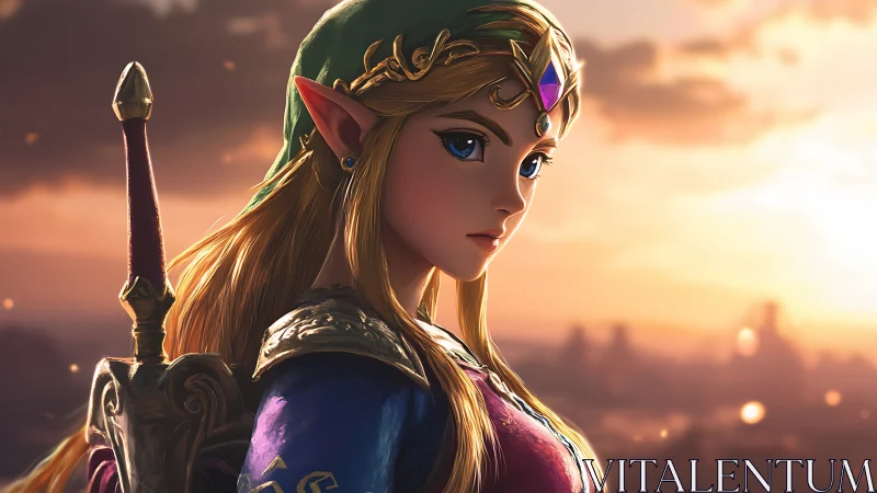 Fantasy elf warrior stands in profile at sunset landscape