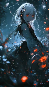 White haired anime girl stands in glowing blue and red forest