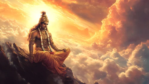 Divine warrior meditates above volumetric clouds in golden light