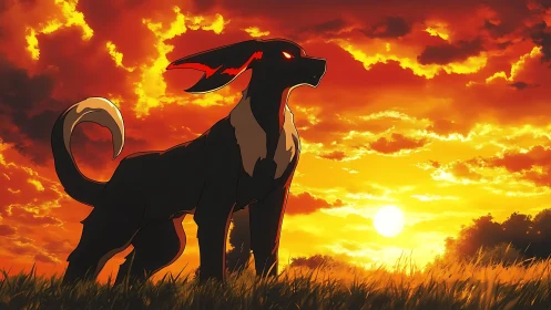 Silhouetted canine sentinel outlined by high-contrast anime sunset light