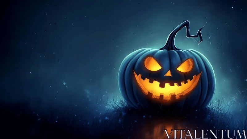 Glowing jack-o-lantern on wet grass under cold blue rim lighting