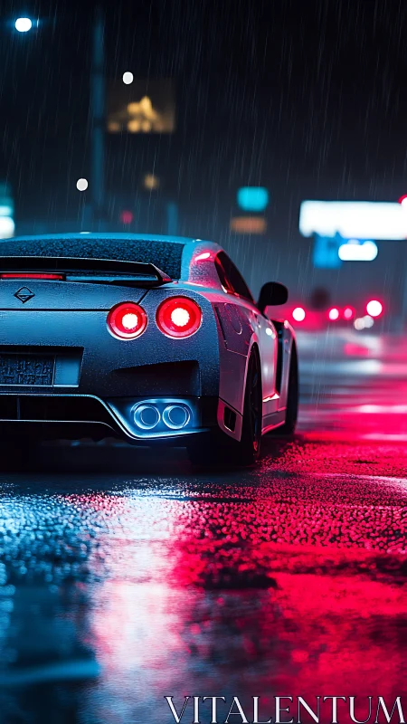 Sports coupe is parked on a wet neon street at night