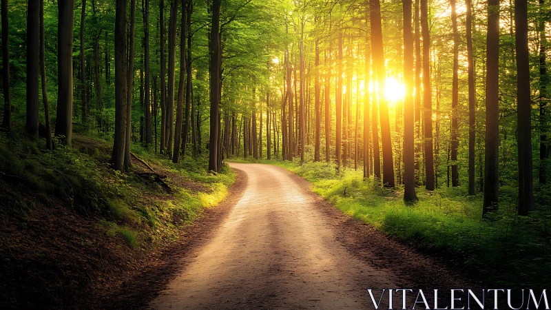 Sunlit Forest Path with Lush Greenery in Tranquil Morning Light.