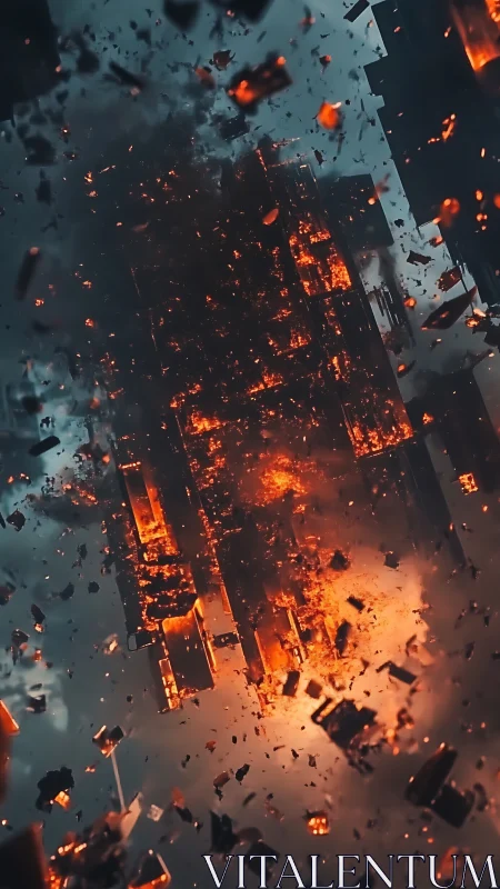 Aerial Pyroclastic Explosion: Urban Inferno with Fragmented Architecture and Cascading Debris